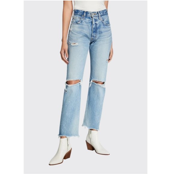 Moussy Denim - MOUSSY VINTAGE Odessa Distressed Wide Leg Jeans in Wash Blue Size US 29